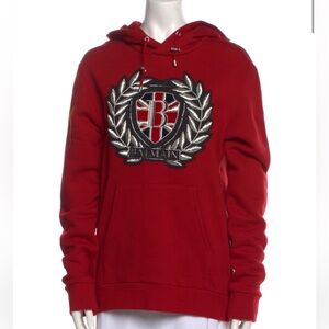 Balmain Red Hooded Sweatshirt with Embroidered Crest